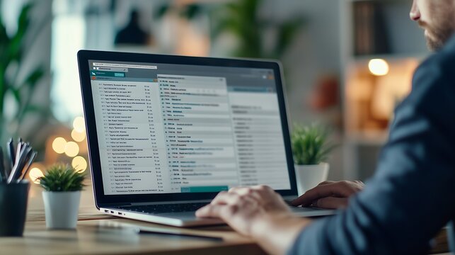 Email inbox message list on a computer laptop screen man working on an office desk business background Email correspondence mail concept : Generative AI