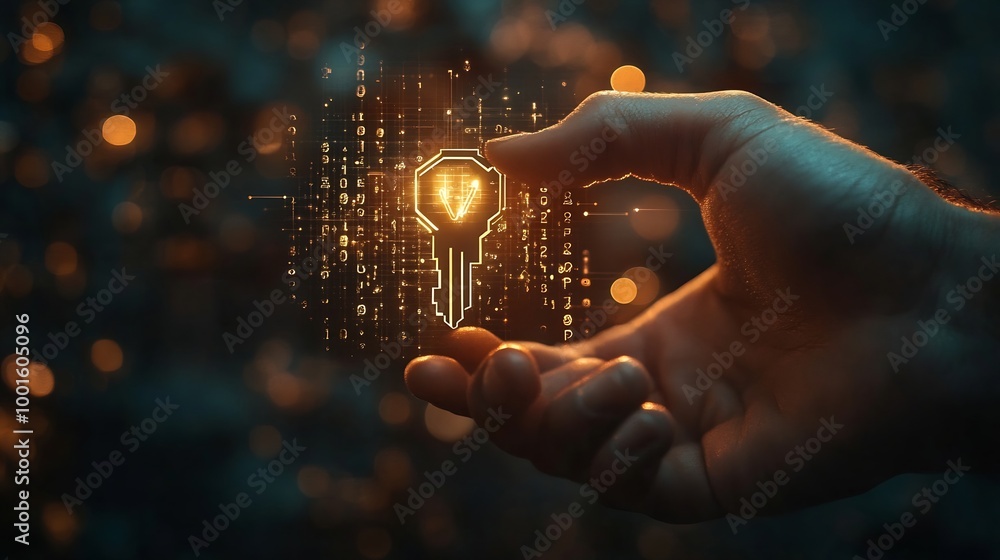 Aufkleber Businessman giving virtual master key with binary number code for identity and access password technology security system and prevent hacker concept : Generative AI