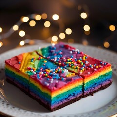 Fototapeta premium Rainbow brownie with sprinkles and halo light effect