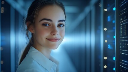 Obraz premium Future Technology Face ID Facial Recognition Biometric Face Detection 3D Technological Identification Scanning of Face of Smiling Cheerful Woman Server Specialist in Computer Security : Generative AI