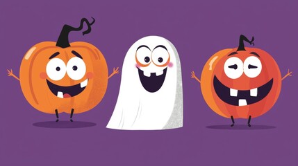 Cute ghost and two pumpkins beam joy on a purple background, perfect for halloween projects. Festive and friendly, this illustration brings seasonal celebration to autumn
