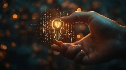 Businessman giving virtual master key with binary number code for identity and access password technology security system and prevent hacker concept : Generative AI