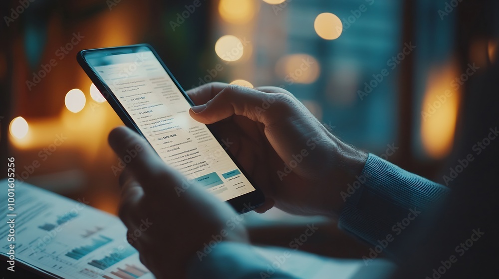 Aufkleber business man looking at financial information from a mobile phone he is checking company financial d