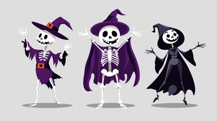 Fototapeta premium Three skeletons in halloween costumes posing with arms raised, creating a festive and spooky vibe. Cartoon-style illustration captures playful and eerie halloween spirit