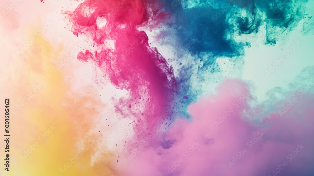 Poster vivid colors exploding in liquid, creating dynamic shapes and textures, perfect for backgrounds or a