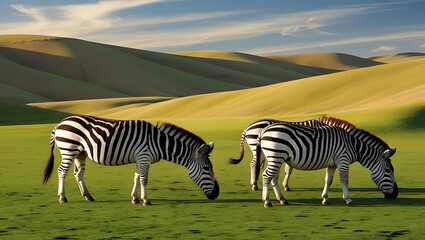 Obraz premium This captivating image portrays a group of zebras grazing peacefully on the open plains, framed beautifully by the backdrop of rolling hills. 