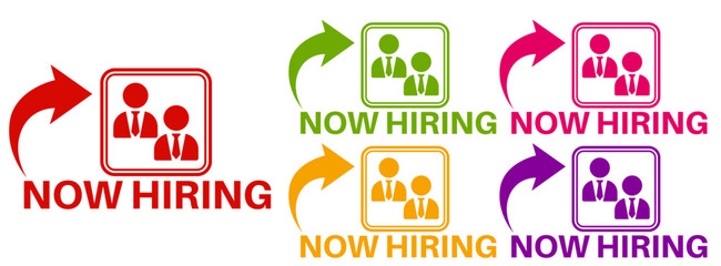 Set banner now hiring icon sign. Announcement hire employee symbol label badge sticker template design vector illustration	