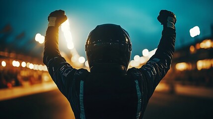 Fototapeta premium Silhouette of race car driver celebrating the win in a race against bright stadium lights 100 FPS slow motion shot : Generative AI