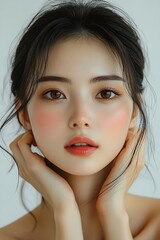 Naklejka premium Beautiful Asian Woman Portrait with Soft Makeup and Natural Lighting