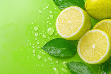 Fresh lemons and green leaves arranged on a vibrant background with water droplets in daylight