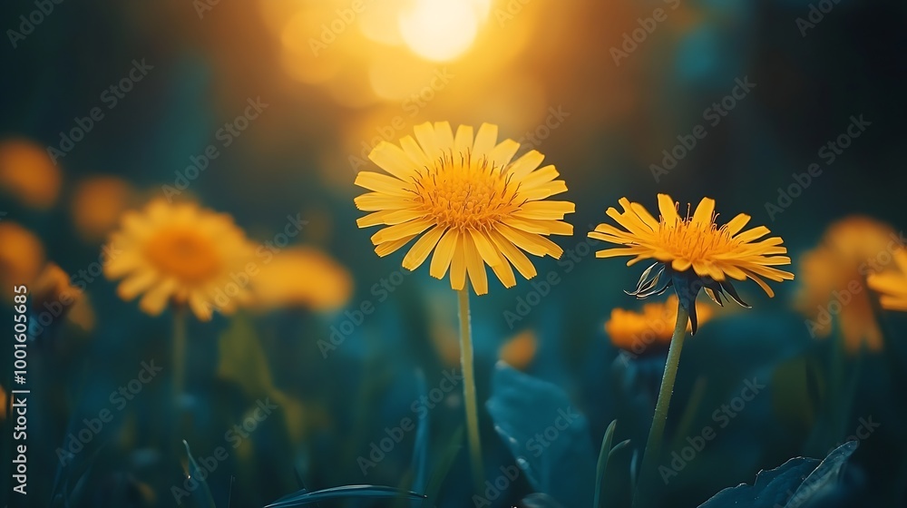 Poster floral summer spring background yellow dandelion flowers closeup in a field on nature on a dark blue