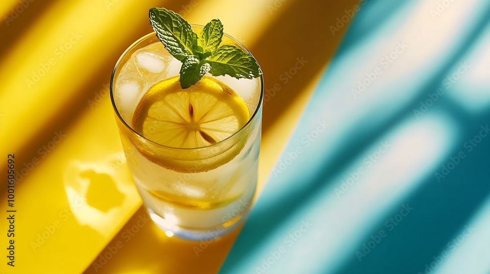 Poster A  cold lemonade in a glass with lemon mint and ice on a yellow and blue background with shadow The concept of a refreshing and healthy drink : Generative AI