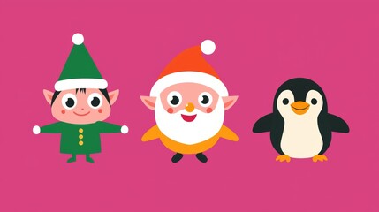 Cheerful cartoon image of christmas elf, santa, and penguin smiling against pink background. Perfect for holiday projects, with traditional colors and minimalistic design