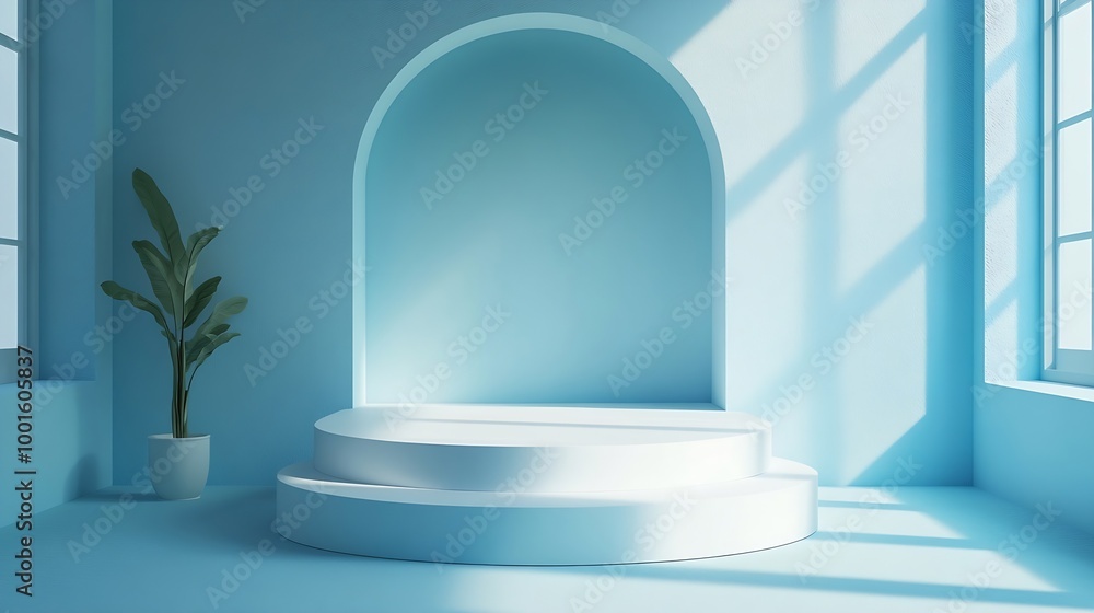 Aufkleber abstract empty white podium with geometric shadows on blue background mock up stand for product pres