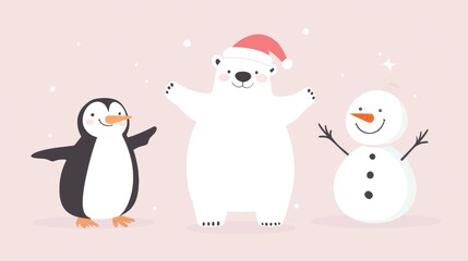 Cheerful polar bear wearing a santa hat, a friendly penguin, and a jolly snowman are enjoying the festive spirit of christmas