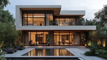 modern architecture villa with a swimming pool under rainy weather setting creating a calm atmosphere and stylish exterior design perfect for a luxury home showcasing tranquility and elegance
