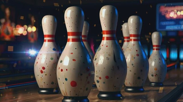 neatly arranged bowling pins on a bowling background