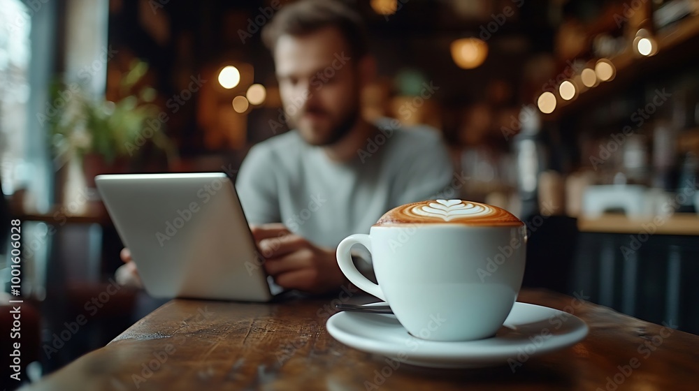 Poster Man Checking Emails Coffee Break Concept : Generative AI
