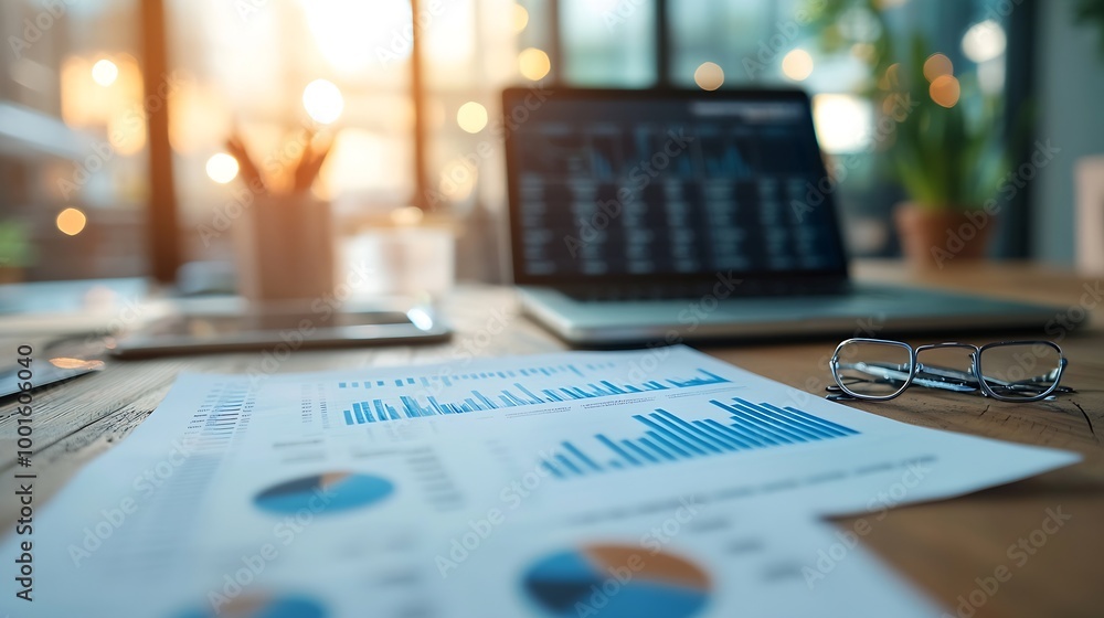 Aufkleber business documents  with smart phone and laptop computer and graph financial with social network diagram : Generative AI