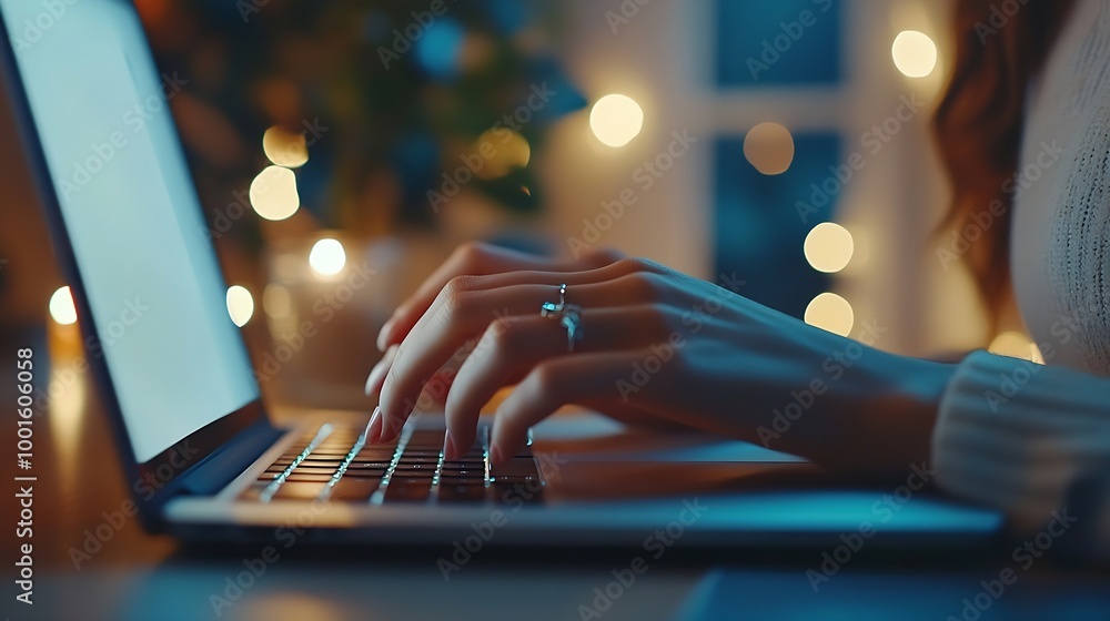 Poster close up image of woman hands typing on laptop computer keyboard and surfing the internet on office 