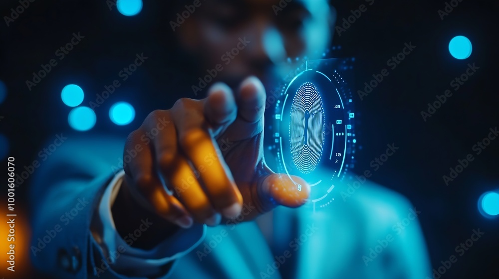 Poster biometric authentication african american businessman touching virtual panel for fingerprint scannin