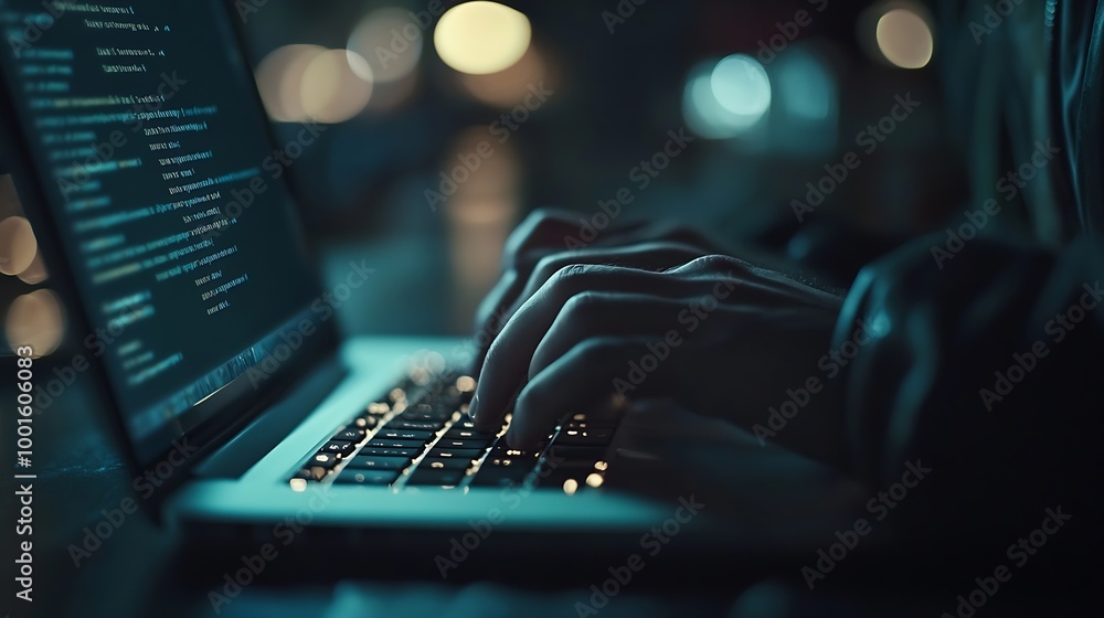 Aufkleber Cyber crime security concept Hand using laptop show malware screen attach from email Hack steal password or personal data Hacker Virus Worm Trojan Adware Spyware and Ransomware awarene : Generative AI