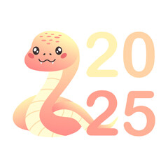 Happy Chinese New Year 2025. Year of the snake. Cartoon cute pink snake in flat style isolated on white. Vector illustration for greeting card, sticker, background.