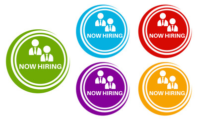 Set banner now hiring icon sign. Announcement hire employee symbol label badge sticker template design vector illustration	