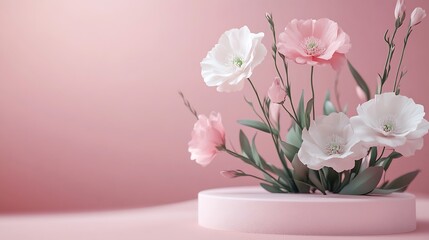 Composition with plaster podium and beautiful eustoma flowers on pink background : Generative AI