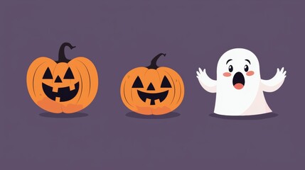 Friendly cartoon ghost is looking surprised by two carved pumpkins, with a minimalist purple background ideal for halloween projects