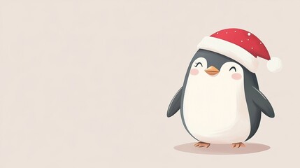 Fototapeta premium Cute penguin in a santa hat smiles in a festive christmas illustration, adding joy to the holiday season with a playful design against a snowy background. Ideal for kids to enjoy