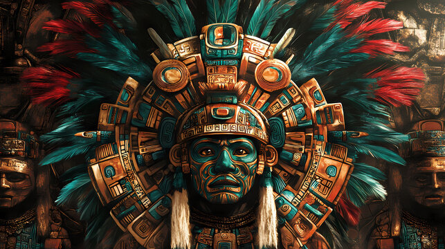 Ancient azteca civilization with iconic symbols such as the aztec calendar and the feathered serpent god, quetzalcoatl, alongside aztec warriors in headdresses. Aztec Calendar. Illustration