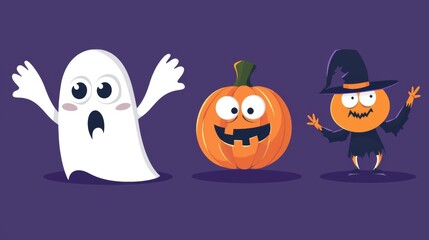 Cute ghost is looking surprised next to a smiling jack-o'-lantern and a dancing pumpkin wearing a witch hat. Perfect for halloween projects that require a spooky and funny touch