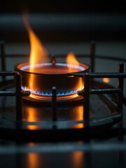 Intense flame on a gas cooker burner.