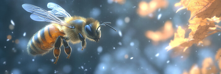 A bee in flight against a bokeh background.