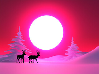 Naklejka premium Two reindeer silhouettes in the snow, bathed in sunlight, symbolizing friendship, adventure, and the spirit of New Year's and Easter in a mystical adult fairy tale