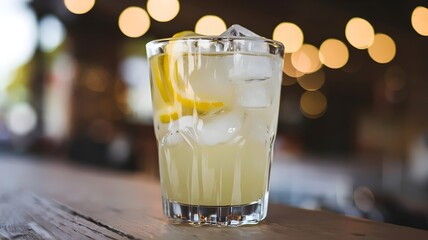 Glass of lemonade with ice and bokeh lights on wooden surface
