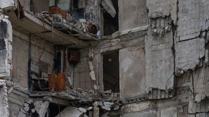 Residential building destroyed by military actions in Ukraine.