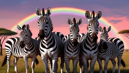 Fototapeta premium This enchanting image captures a group of zebras standing together in the savanna, set against the breathtaking backdrop of a vibrant rainbow arcing gracefully across the sky.