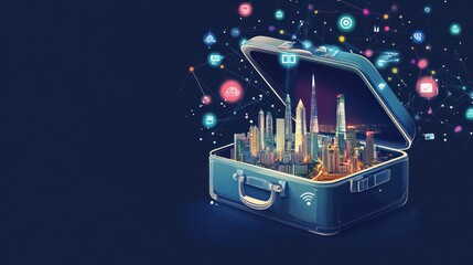 Obraz premium Cityscape Inside a Suitcase, Conceptual Representation of Travel & Technology