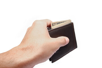 Dollars money in your wallet and hands on a white background