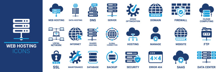 Web hosting icon set. Containing cloud computing, server, domain, firewall, internet, FTP, database, SSL, data hosting and more. Solid vector icons collection.