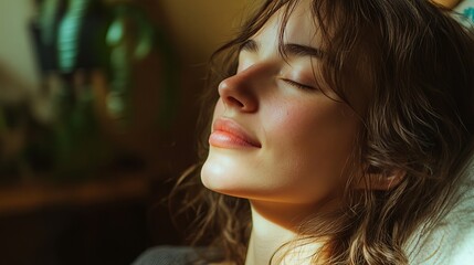 portrait of a smiling woman meditating with her eyes closed, concept of spiritual balance, positive mindset and mental wellbeing