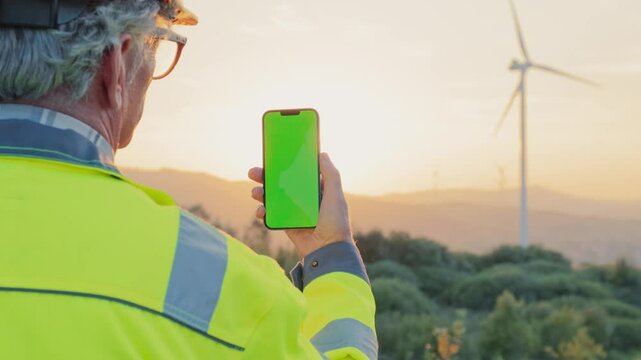 View from behind of mature man in working uniform. Busy engineer or technic with one hand holding smartphone with chroma key. Admiring beautiful sunset with view of large wind turbine.