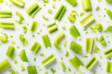 Celery stalks gracefully floating on a pure white background in an artistic photography shot