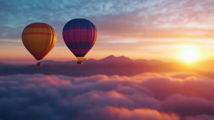 Fototapeta premium Colorful hot air balloons soaring above the clouds at sunset in a scenic sky