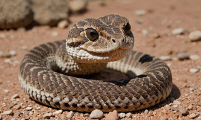 A rattlesnake slithers through the desert on a sunny day