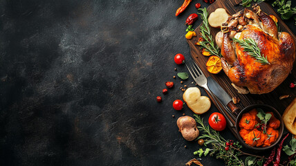 Typical dinner with turkey presented on table. Mockup, backdrop for Thanksgiving. Tasty turkey thanksgiving dinner.