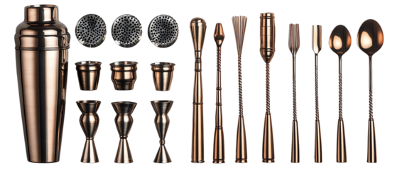 Stylish cocktail shaker set with various bar tools for mixing drinks elegantly, perfect for home bartenders and cocktail enthusiasts.