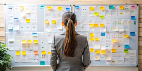 Vista trasera de una empresaria mirando un tablero de anuncios con información empresarial, desarrollo de estrategia de trabajo, esquema metodológico de proyecto y calendario de tareas.